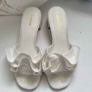 Larroude gently used white canvas slide, size 9.5